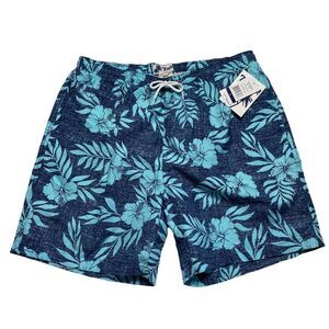 Trunks Surf & Swim Co. Swim Shorts Hibiscus Print Mesh Lined Blue Tropical L NWT